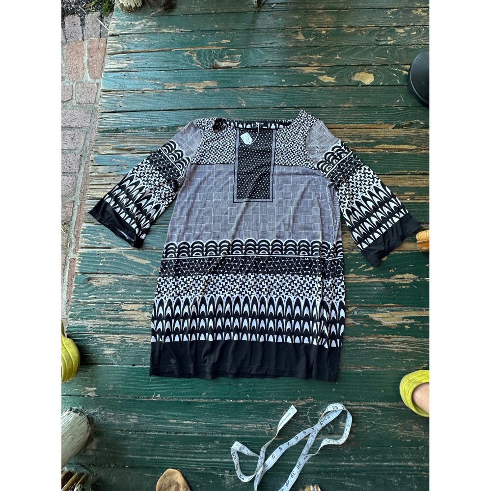 Alfani Woman Black White Geometric Patchwork Tunic Top 3/4 Sleeve Jersey L